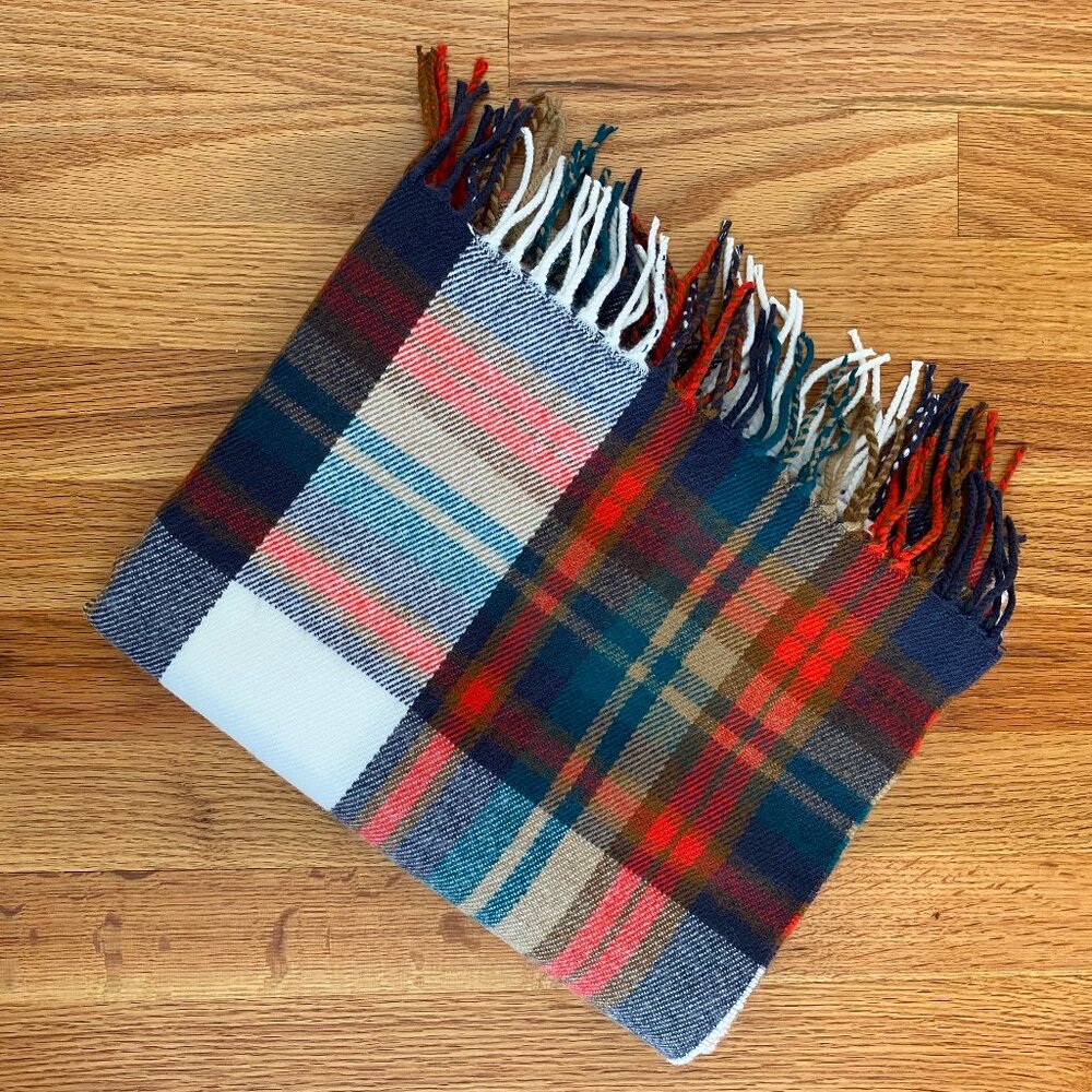 J Crew Factory Blanket Scarf 24" X 80" Fringe Red Green Blue White Tan Classic